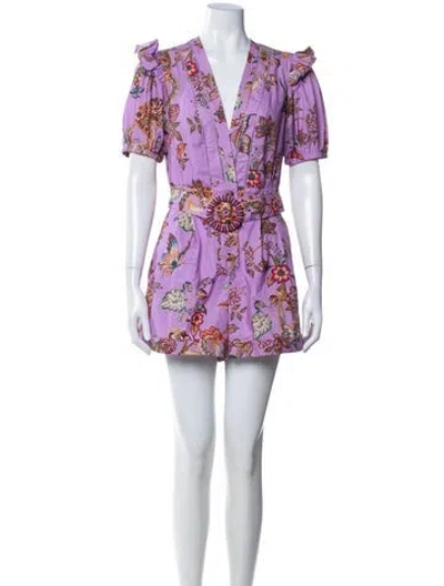 Pre-owned Farm Rio Floral Print V-neck Romper In Purple