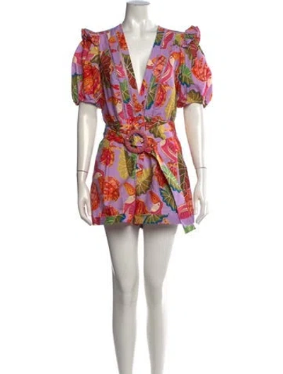 Pre-owned Farm Rio Floral Print V-neck Romper In Purple