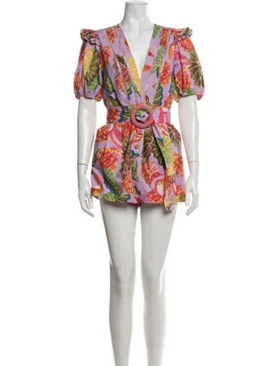 Pre-owned Farm Rio Floral Print V-neck Romper In Purple