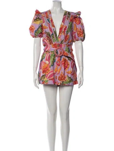 Pre-owned Farm Rio Floral Print V-neck Romper In Purple