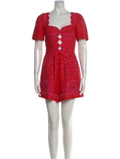 Pre-owned Farm Rio Floral Print V-neck Romper In Red