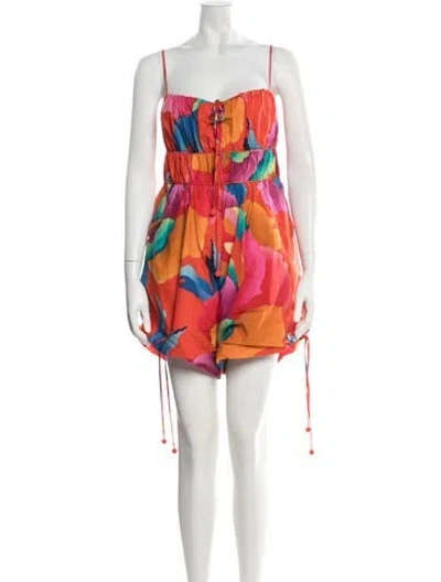 Pre-owned Farm Rio Floral Print V-neck Romper In Red