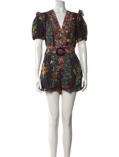 Pre-owned Farm Rio Floral Print V-neck Romper W/ Tags In Black