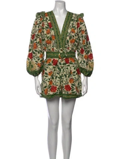 Pre-owned Farm Rio Floral Print V-neck Romper W/ Tags In Green