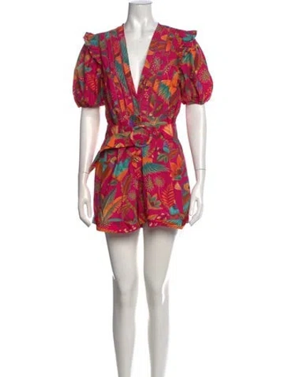 Pre-owned Farm Rio Floral Print V-neck Romper W/ Tags In Pink
