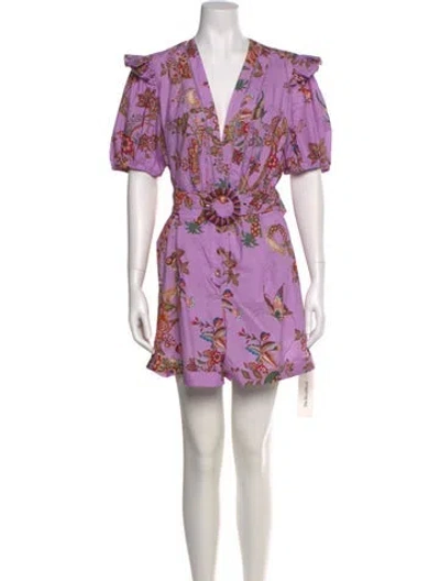 Pre-owned Farm Rio Floral Print V-neck Romper W/ Tags In Purple