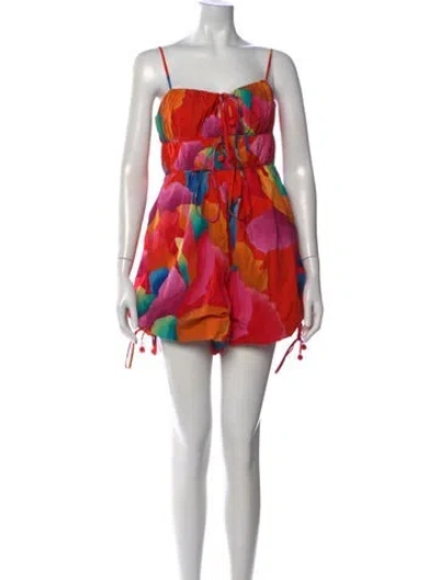 Pre-owned Farm Rio Floral Print V-neck Romper W/ Tags In Red