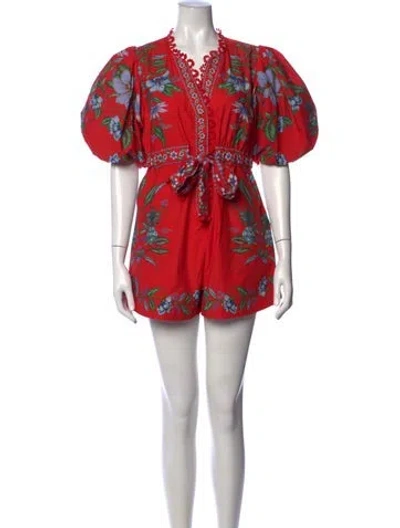 Pre-owned Farm Rio Floral Print V-neck Romper W/ Tags In Red