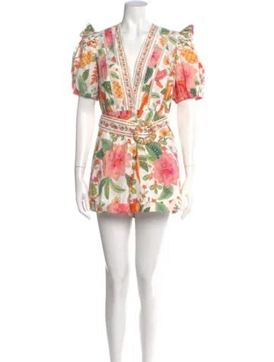 Pre-owned Farm Rio Floral Print V-neck Romper W/ Tags In White