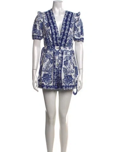 Pre-owned Farm Rio Floral Print V-neck Romper W/ Tags In White