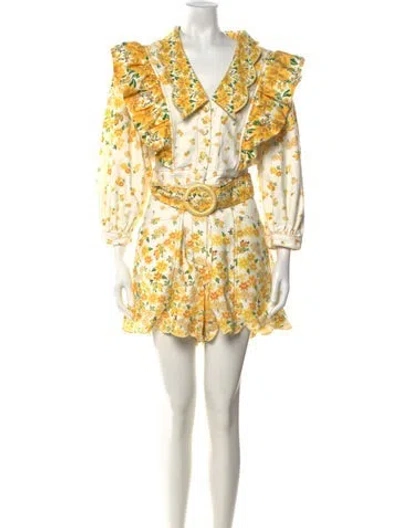 Pre-owned Farm Rio Floral Print V-neck Romper W/ Tags In Yellow