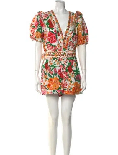 Pre-owned Farm Rio Floral Print V-neck Romper In White