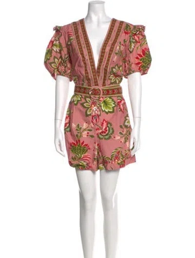 Pre-owned Farm Rio Floral Print V-neck Romper In White