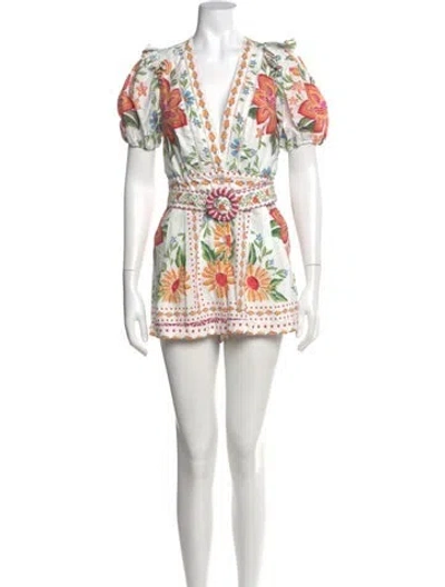 Pre-owned Farm Rio Floral Print V-neck Romper In White