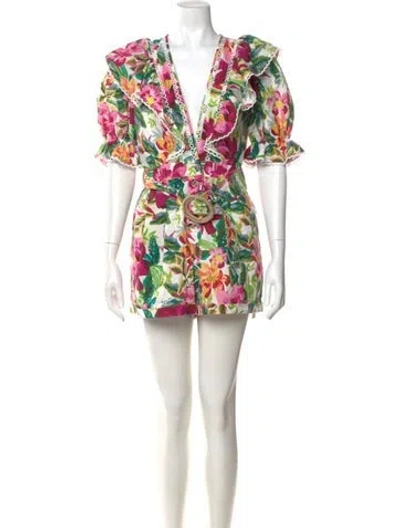 Pre-owned Farm Rio Floral Print V-neck Romper In White