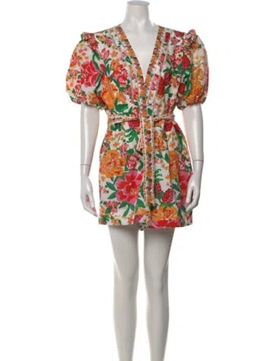 Pre-owned Farm Rio Floral Print V-neck Romper In White