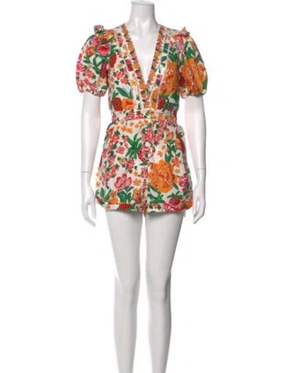 Pre-owned Farm Rio Floral Print V-neck Romper In White