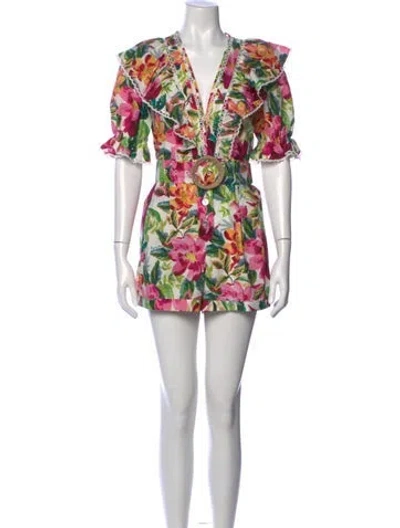 Pre-owned Farm Rio Floral Print V-neck Romper In White