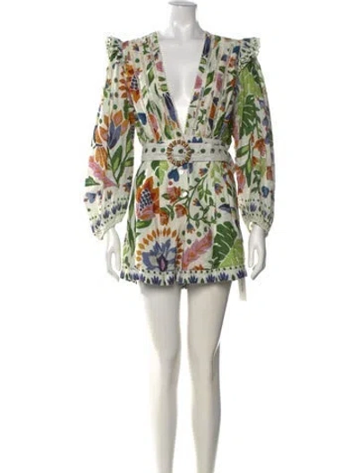 Pre-owned Farm Rio Floral Print V-neck Romper In White