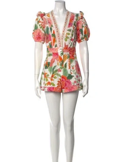 Pre-owned Farm Rio Floral Print V-neck Romper In White