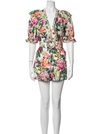 Pre-owned Farm Rio Floral Print V-neck Romper In White