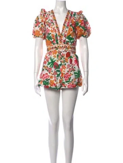 Pre-owned Farm Rio Floral Print V-neck Romper In White