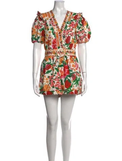 Pre-owned Farm Rio Floral Print V-neck Romper In White