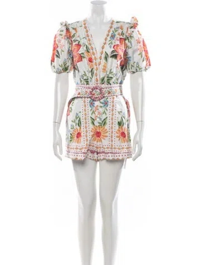 Pre-owned Farm Rio Floral Print V-neck Romper In White