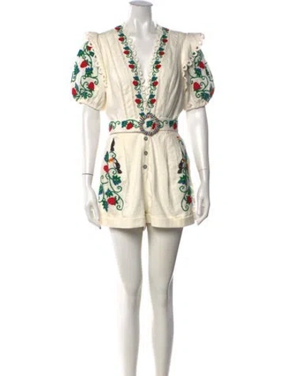 Pre-owned Farm Rio Floral Print V-neck Romper In White
