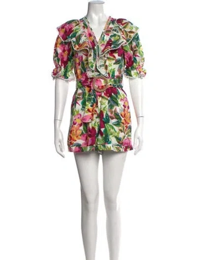Pre-owned Farm Rio Floral Print V-neck Romper In White