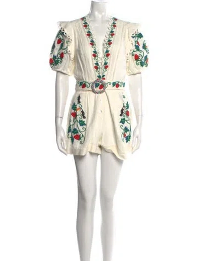 Pre-owned Farm Rio Floral Print V-neck Romper In White