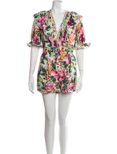 Pre-owned Farm Rio Floral Print V-neck Romper In White