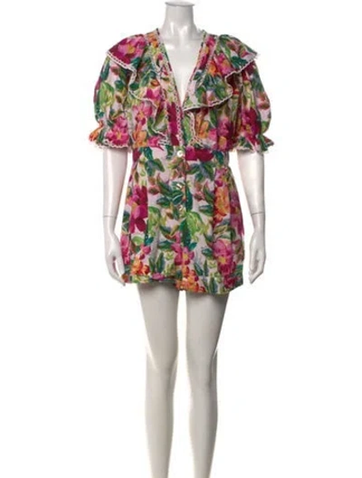 Pre-owned Farm Rio Floral Print V-neck Romper In White