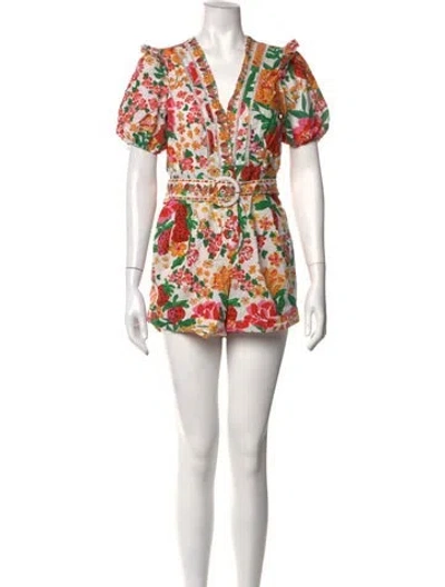 Pre-owned Farm Rio Floral Print V-neck Romper In White
