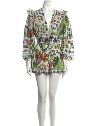 Pre-owned Farm Rio Floral Print V-neck Romper In White
