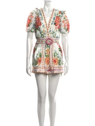 Pre-owned Farm Rio Floral Print V-neck Romper In White