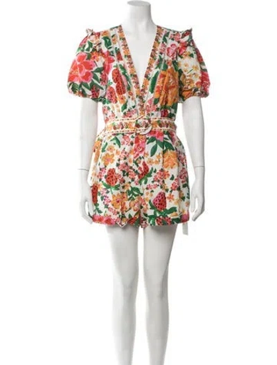Pre-owned Farm Rio Floral Print V-neck Romper In White