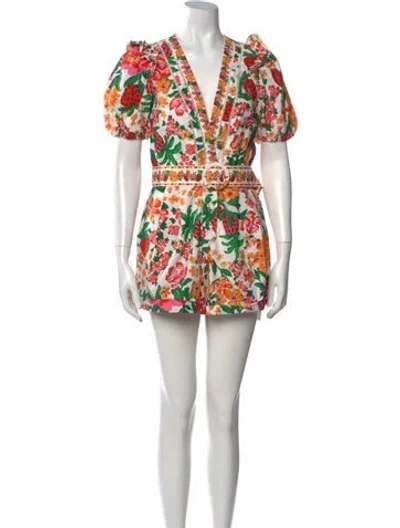 Pre-owned Farm Rio Floral Print V-neck Romper In White