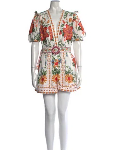 Pre-owned Farm Rio Floral Print V-neck Romper In White