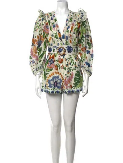 Pre-owned Farm Rio Floral Print V-neck Romper In White