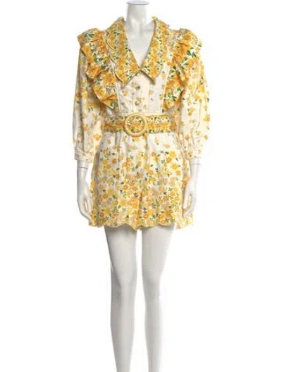 Pre-owned Farm Rio Floral Print V-neck Romper In Yellow