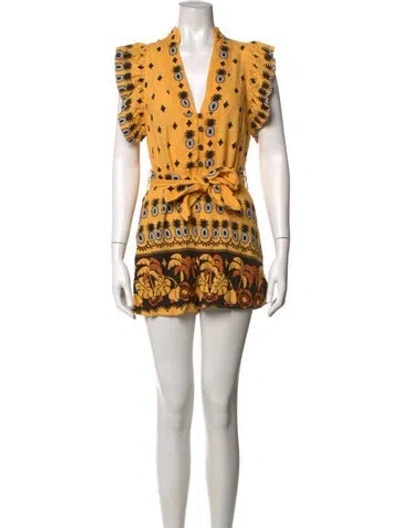 Pre-owned Farm Rio Floral Print V-neck Romper In Yellow