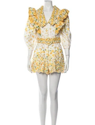 Pre-owned Farm Rio Floral Print V-neck Romper In Yellow