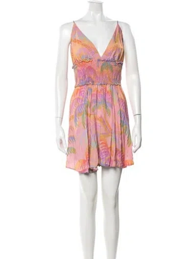 Pre-owned Farm Rio Floral Print V-neck Romper In Yellow