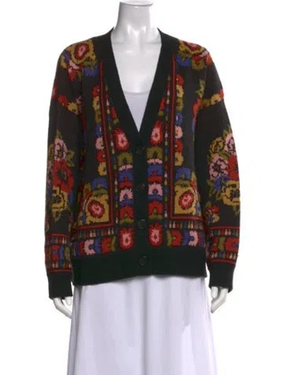 Pre-owned Farm Rio Floral Print V-neck Sweater In Black