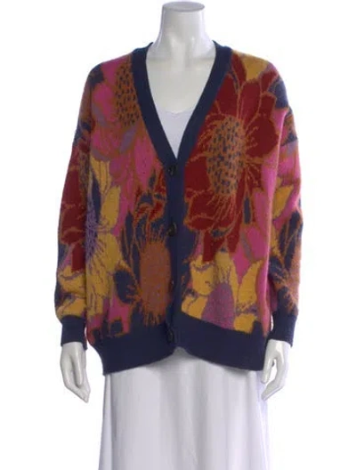 Pre-owned Farm Rio Floral Print V-neck Sweater In Blue