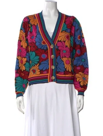Pre-owned Farm Rio Floral Print V-neck Sweater In Blue