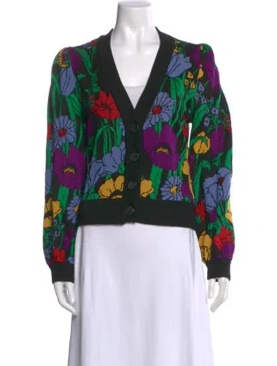 Pre-owned Farm Rio Floral Print V-neck Sweater In Green