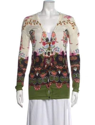 Pre-owned Farm Rio Floral Print V-neck Sweater In Green