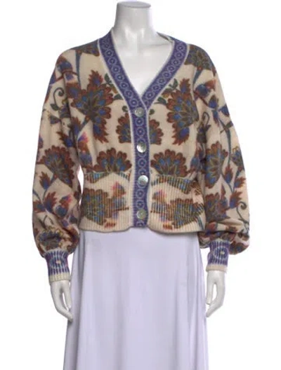 Pre-owned Farm Rio Floral Print V-neck Sweater In Neutrals